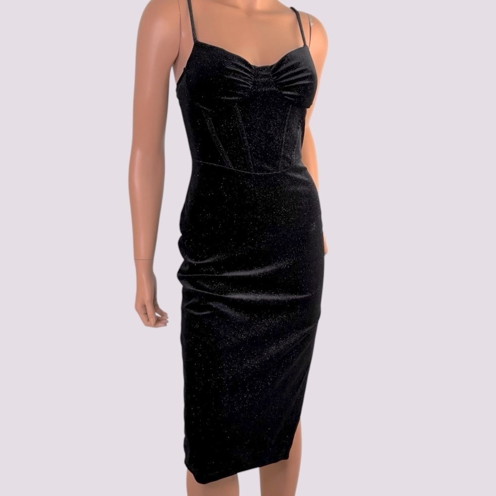 90s Black Corset Goth Prom Dress Vamp Velvet Glitter WhimsiGoth Bodycon M - Picture 3 of 11